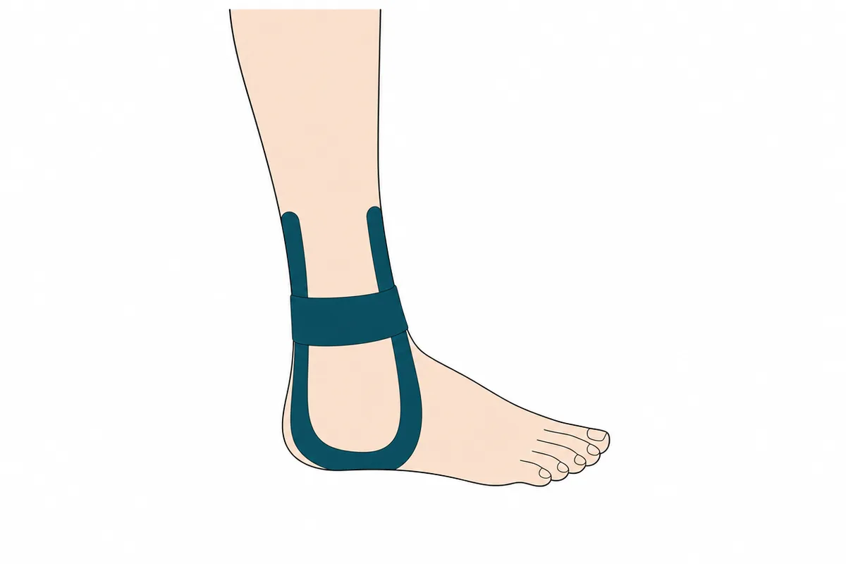 Line drawing of the ankle with kinesiology tape placement shown as teal strips