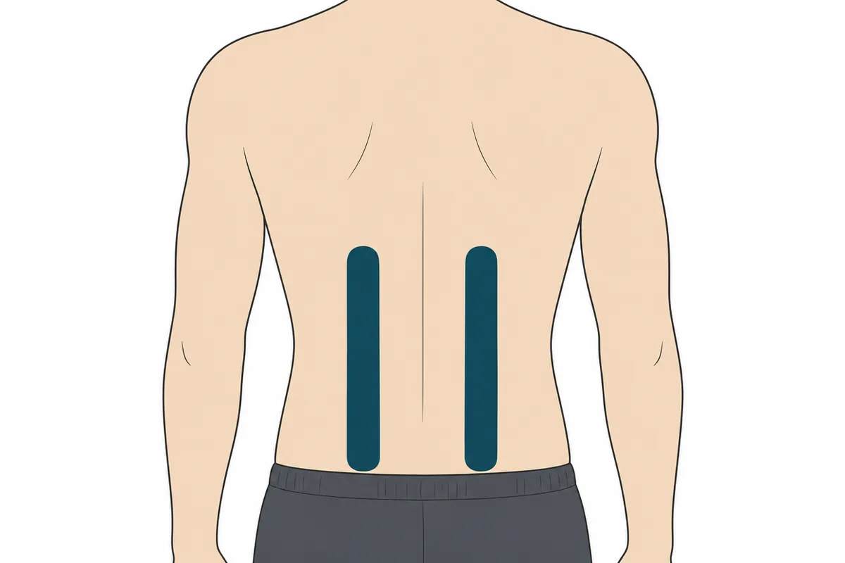 Line drawing of the lower back with kinesiology tape placement shown as teal strips