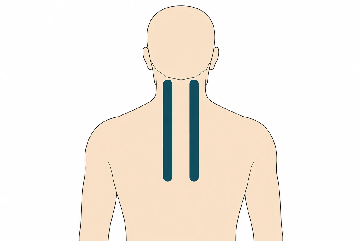 Line drawing of the neck with kinesiology tape placement shown as teal strips
