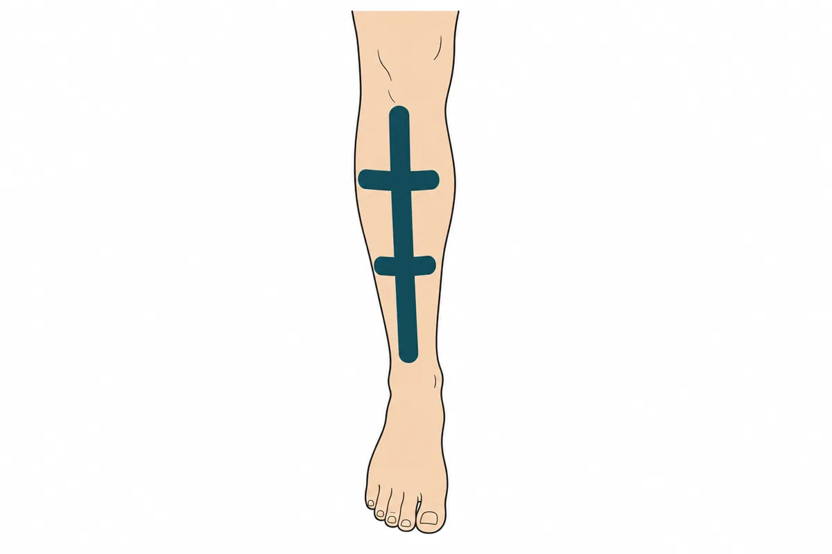 Line drawing of the shin with kinesiology tape placement shown in teal