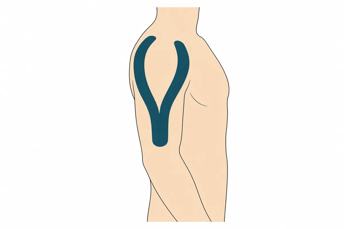 Line drawing of the shoulder with kinesiology tape placement shown as teal strips