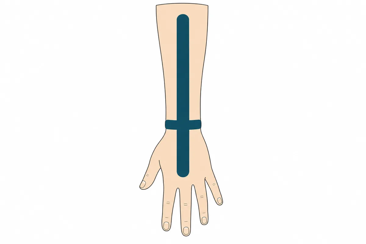 Line drawing of the wrist with kinesiology tape placement shown as teal strips